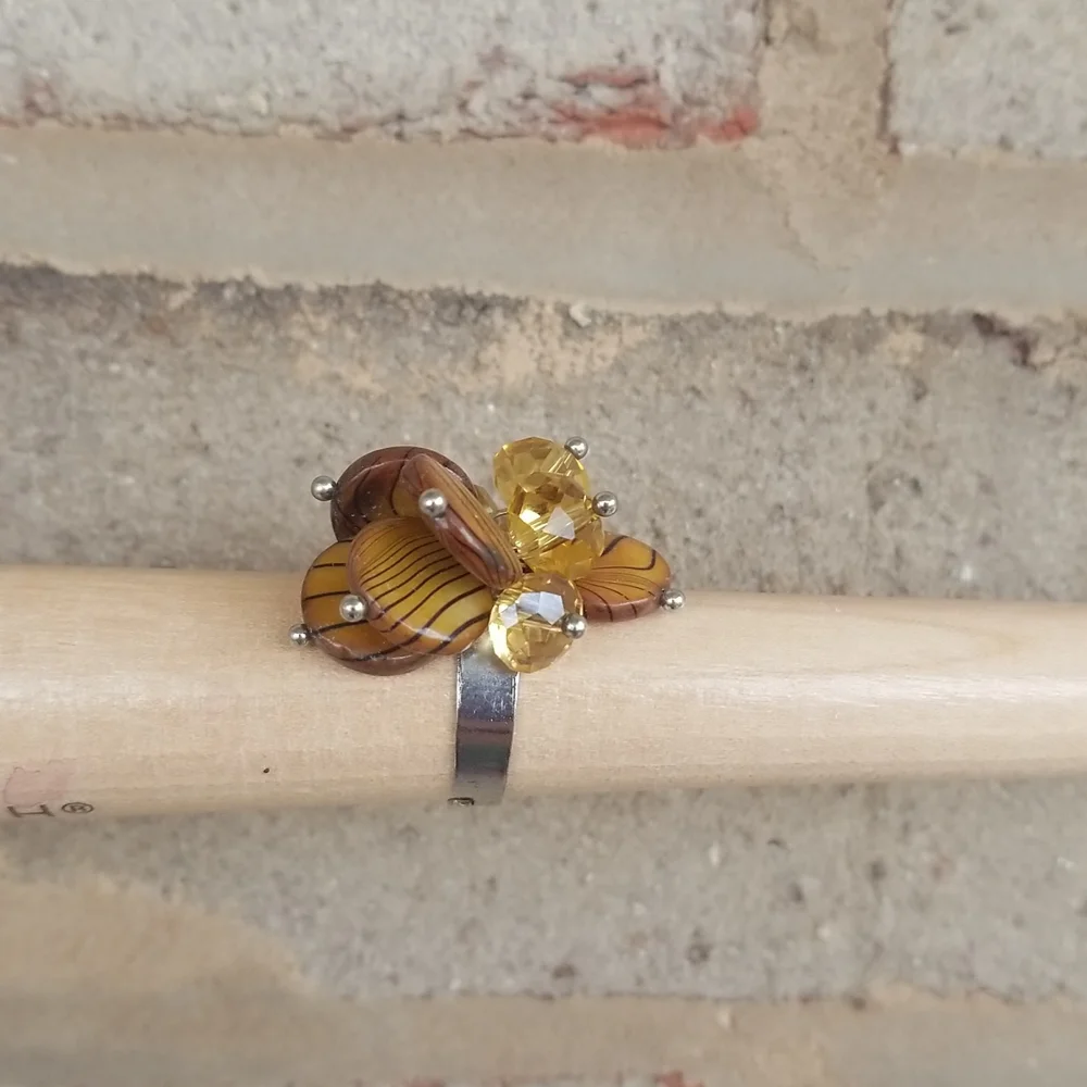 Tiger Eye Adjustable Statement Ring | Brown Beaded Crystal Fashion Ring